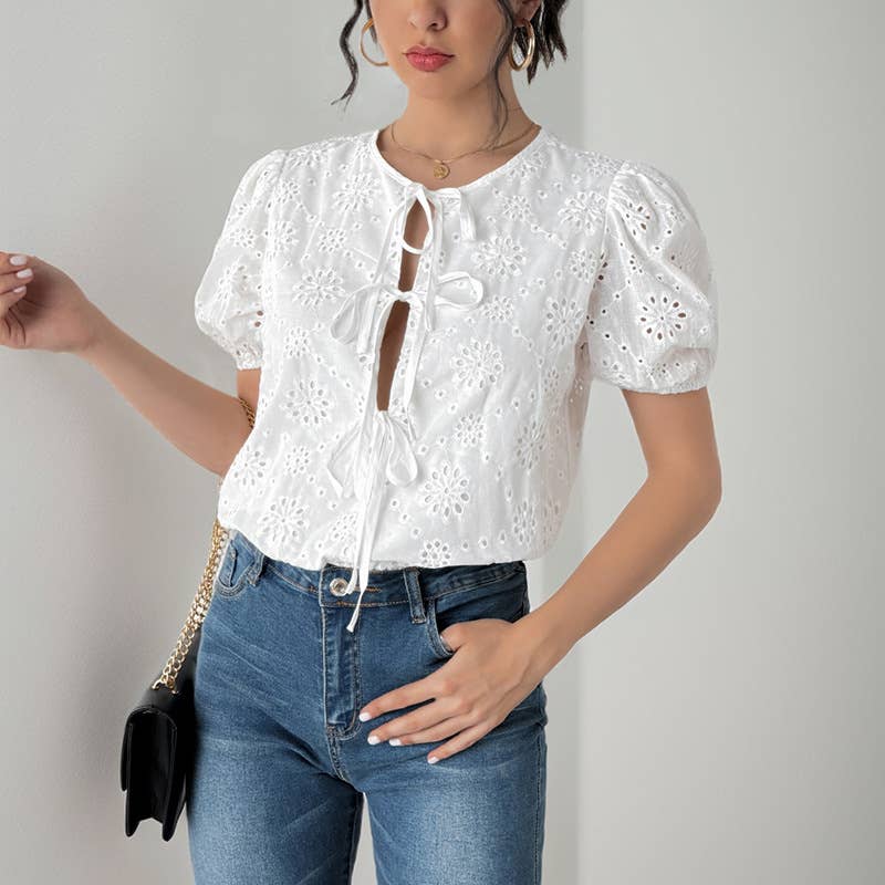 Tie front puff sleeve eyelet lace bodysuit