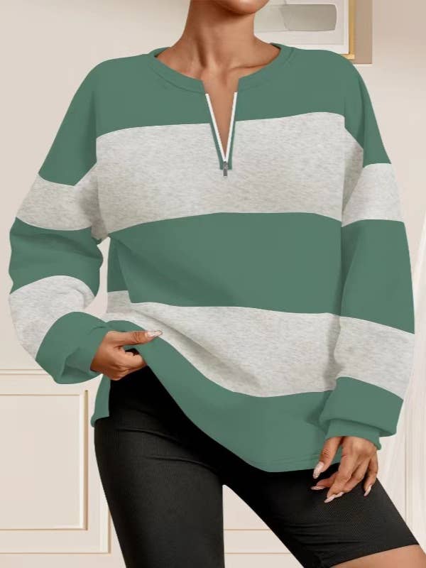 V-NECK ZIP-UP STRIPED LONG-SLEEVED LOOSE T-SHIRT