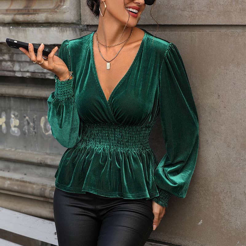 LONG SLEEVE SOLID COLOR VELVET V-NECK SHIRT