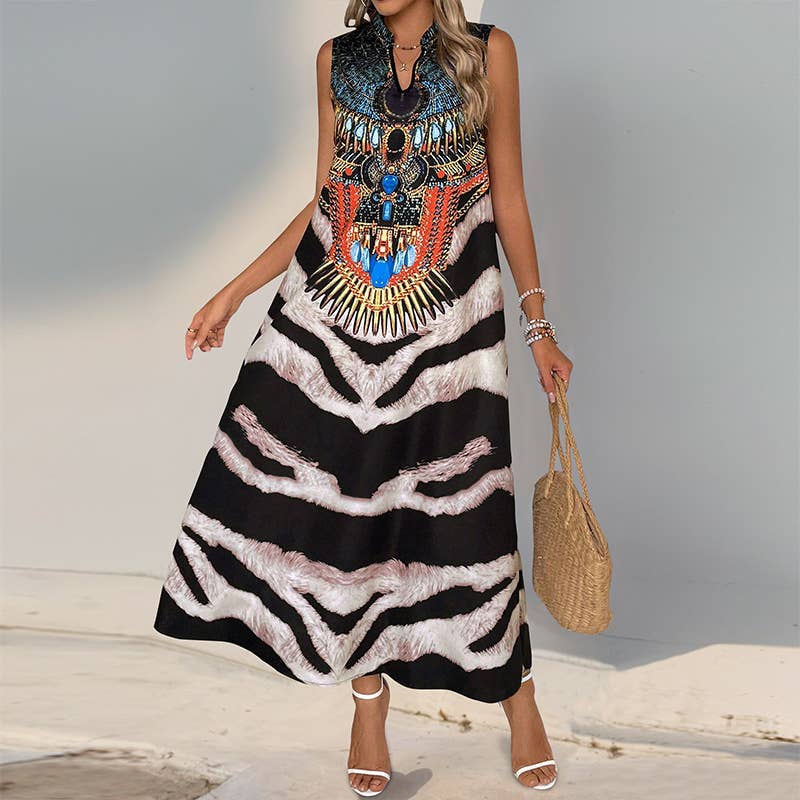 Sleeveless V-neck vintage animal print maxi dress