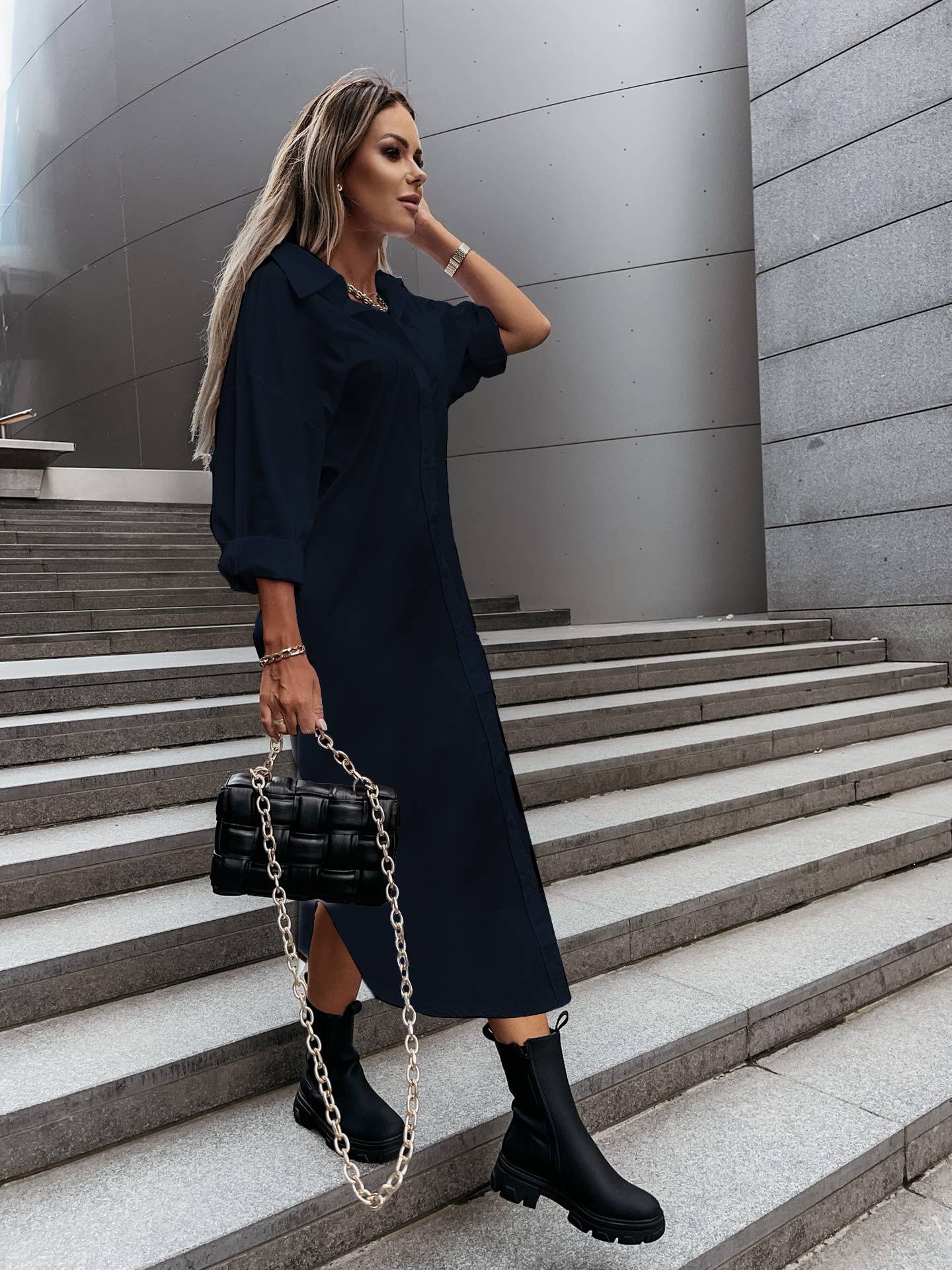 STYLISH SLIT LOOSE CASUAL SOLID COLOR SHIRT DRESS