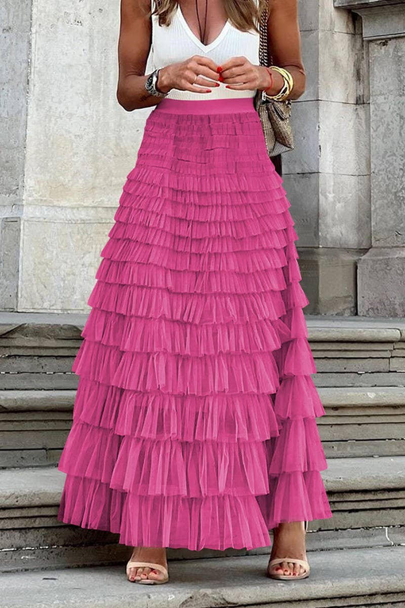 CWBSS0492_ELEGANT SOLID COLOR HIGH WAIST MESH CAKE SKIRT