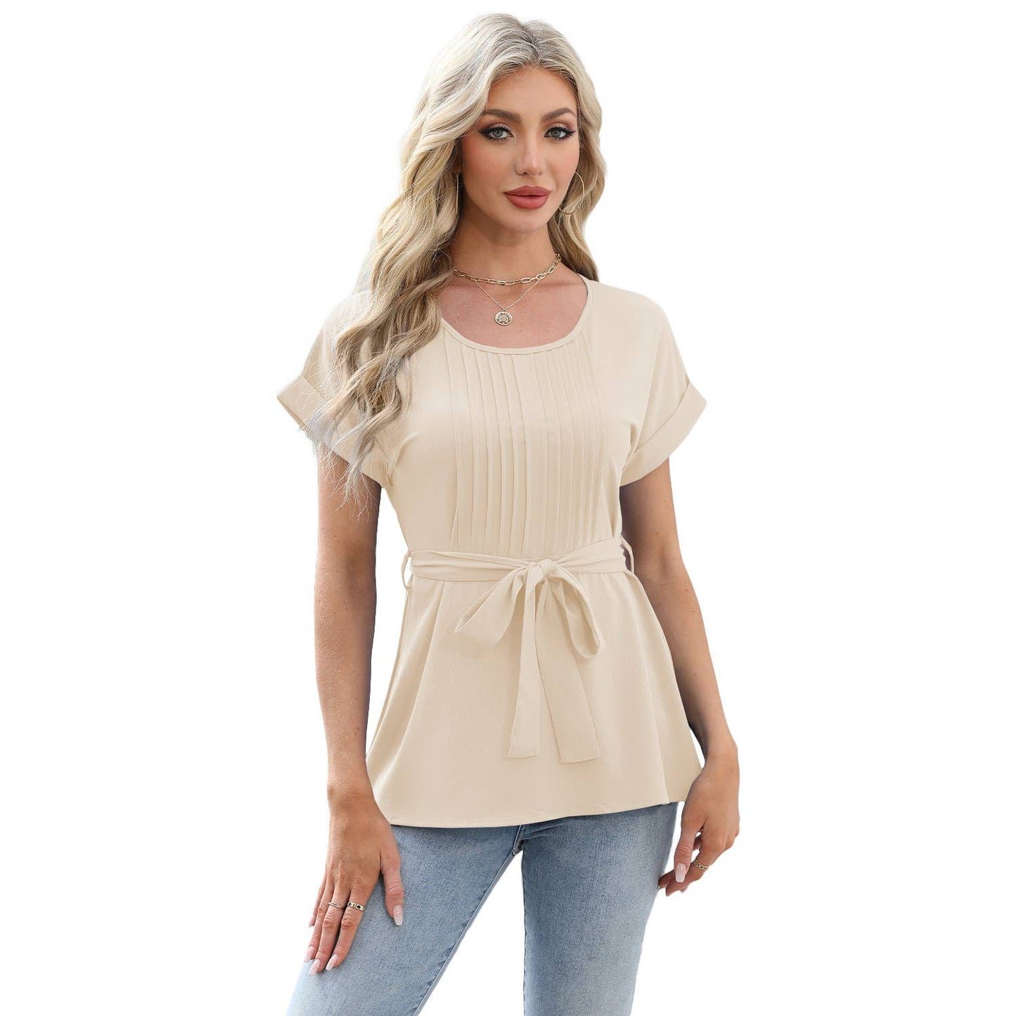 Ruffled round neck short sleeved casual shirt