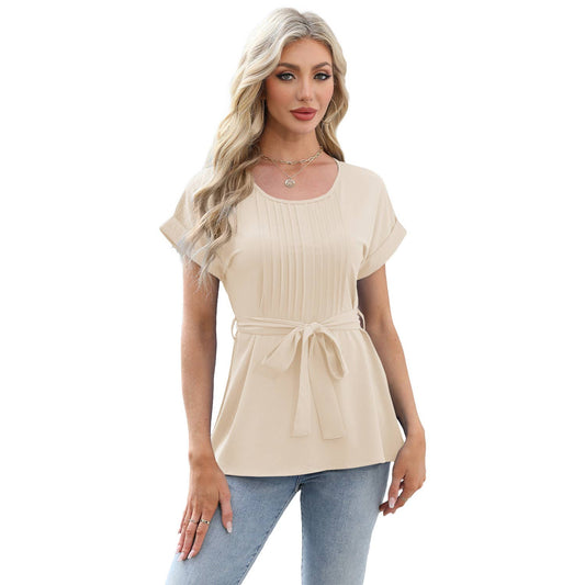 Ruffled round neck short sleeved casual shirt