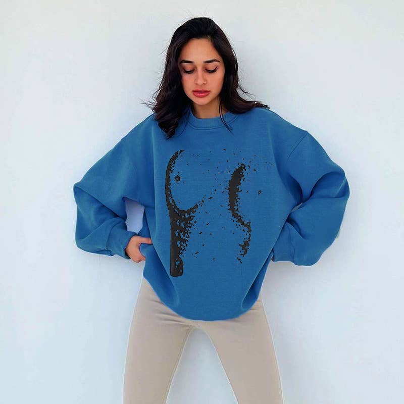 Simple casual loose solid color crew-neck printed hoodie