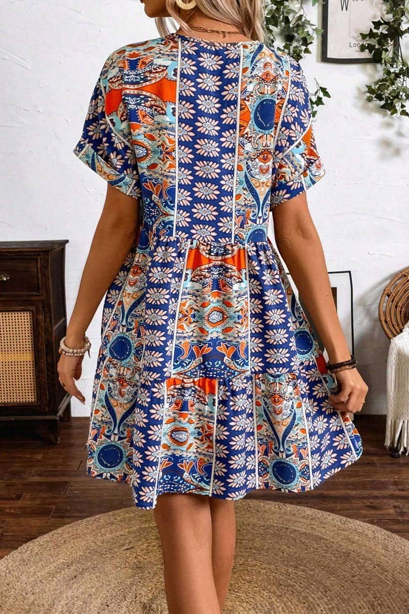 CWDSD6961_PRINTED V-NECK HIGH WAIST BAT SLEEVES DRESS