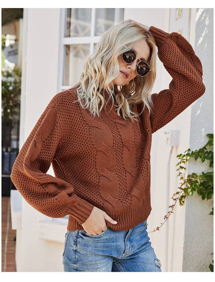 Solid color twisted floral half turtleneck sweater