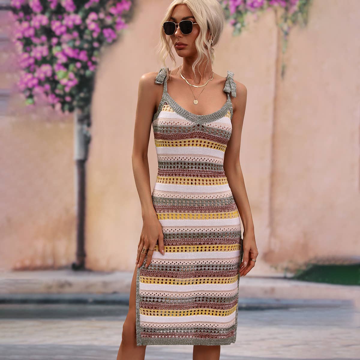 Knit fashion lace temperament striped split dress