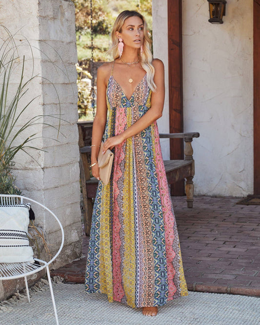 V-NECK SEXY HALTER HALTER PRINT SWING DRESS