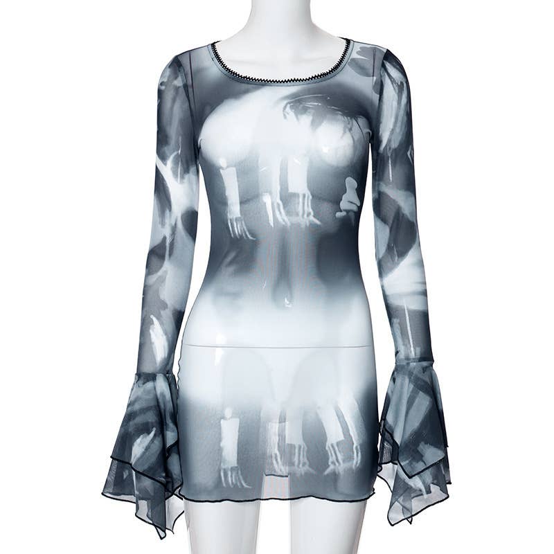 PRINTED CREW NECK DRESS WITH FLARED SLEEVES
