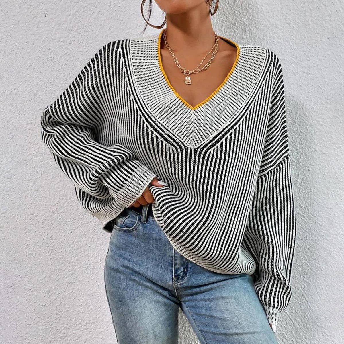 V-neck loose striped batsleeved sweater