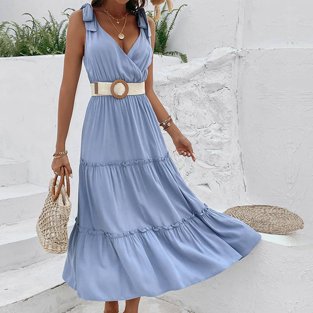 Solid color suspender high waisted dress_CWDMD1480