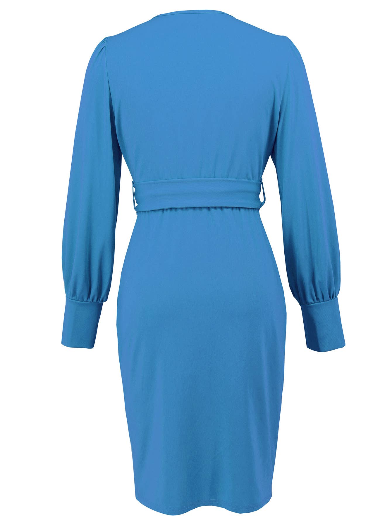 V-neck long-sleeved, belt-hugging knitted dress