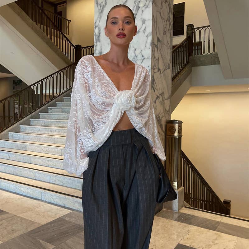 Sexy fashionable lace jacquard sheer top