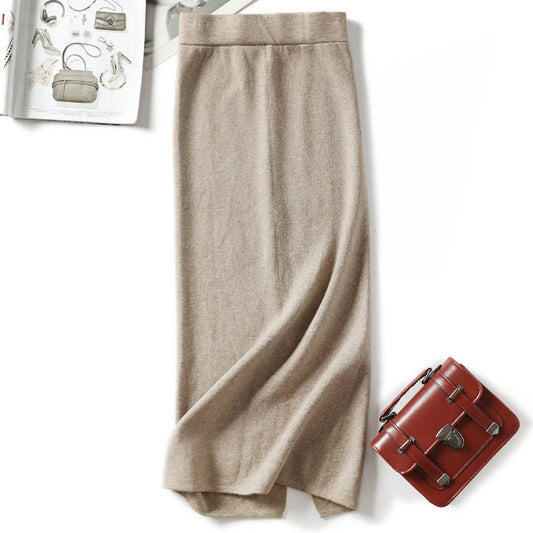 SIMPLE SLIM-FIT WRAP BOTTOM SPLIT KNIT SKIRT