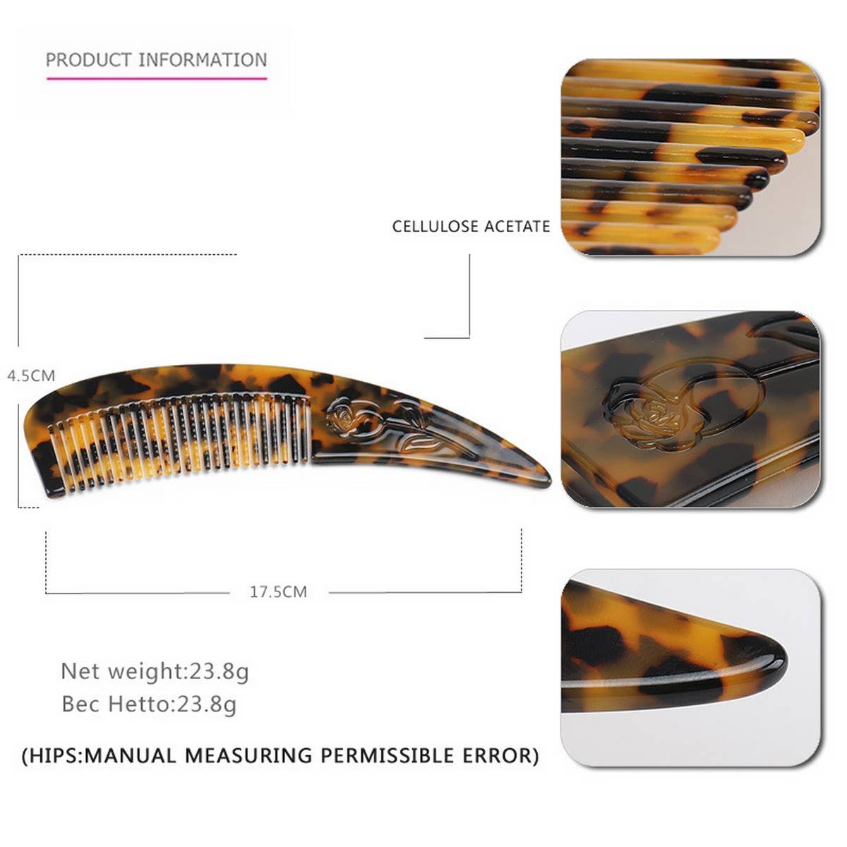 HORN POINTED TAIL COMB ACETATE CARVED FLOWER COMB