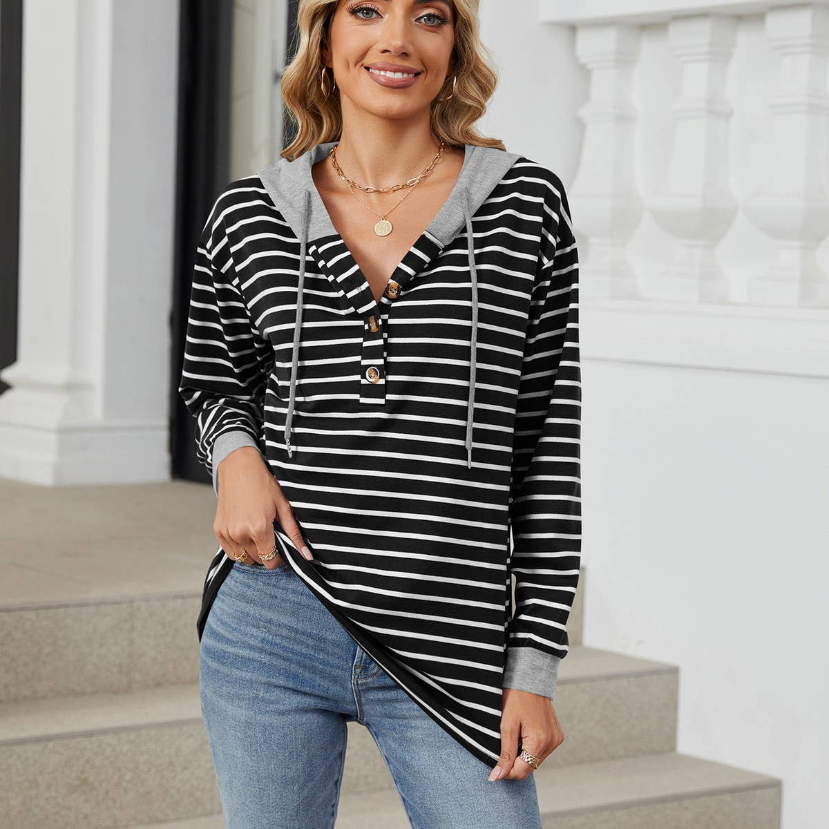 Hooded button drawstring long-sleeved hoodie