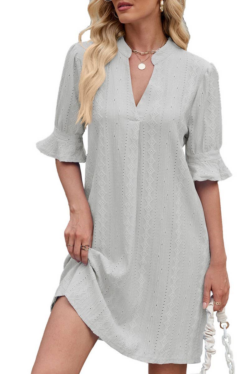 CWDSD7277_V-NECK CASUAL TRUMPET SLEEVE SHORT-SLEEVED DRESS