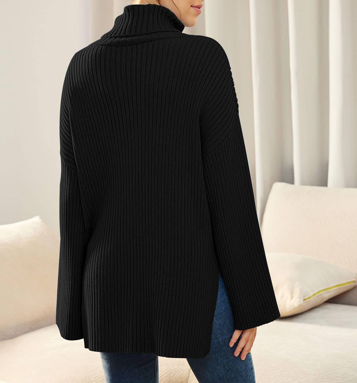 SPLIT TURTLENECK SOLID COLOR RIB KNIT SWEATER