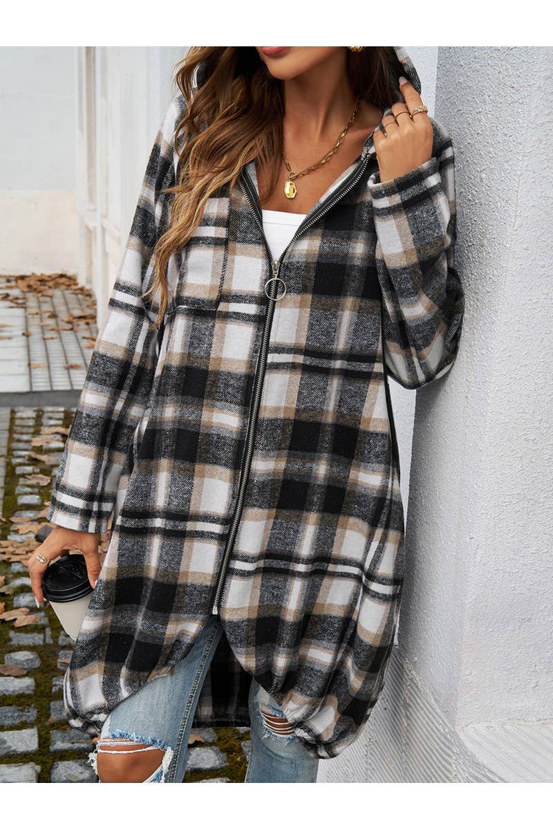 CWOCO0236_Casual Baggy Plaid Long Sleeved Zipper Hooded Coat