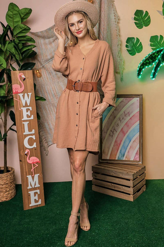 CWDSD10417_BUTTON DOWN DRESS WITH SIDE POCKET