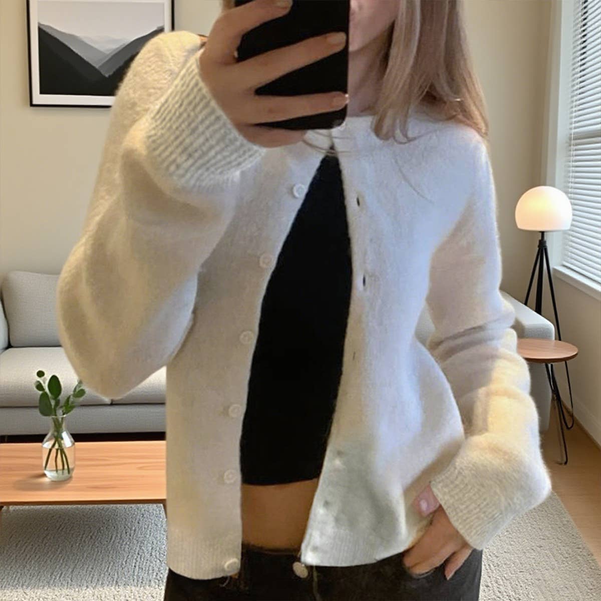 Simple and basic solid-color woolen cardigan