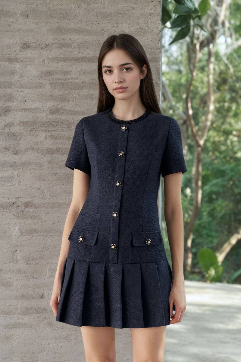 CWDSD8848_NAVY BLUE SHORT SLEEVE PLEATED DRESS