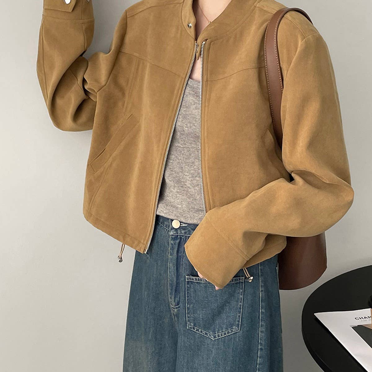 Vintage stand-up collar suede short jacket