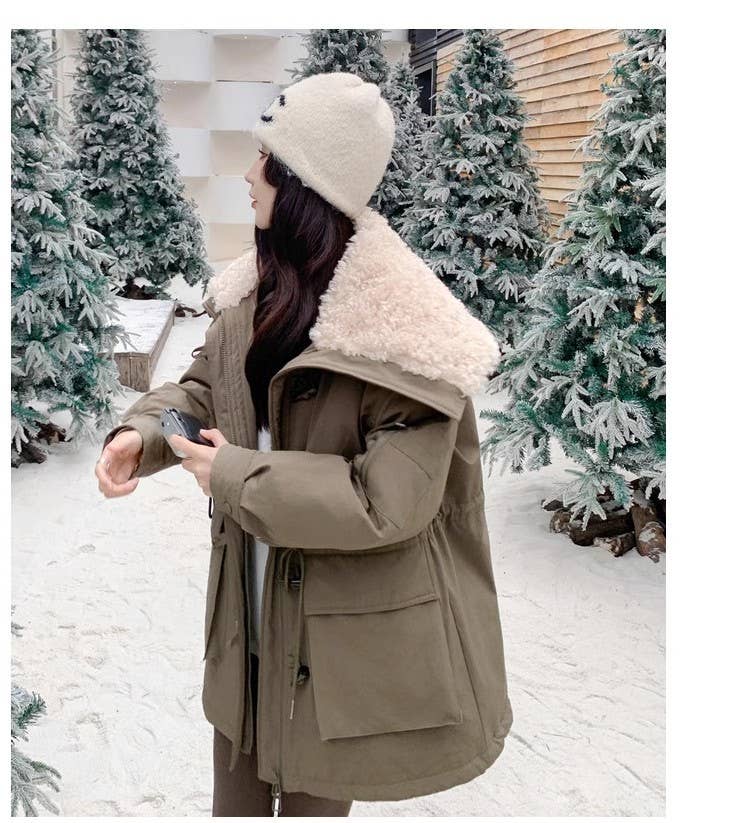 Large lapel horn buckle waist cottons jacket