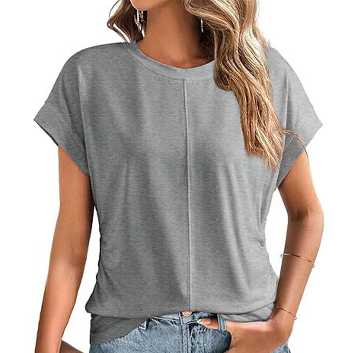 Stylish side pleated shoulder short sleeve shirt