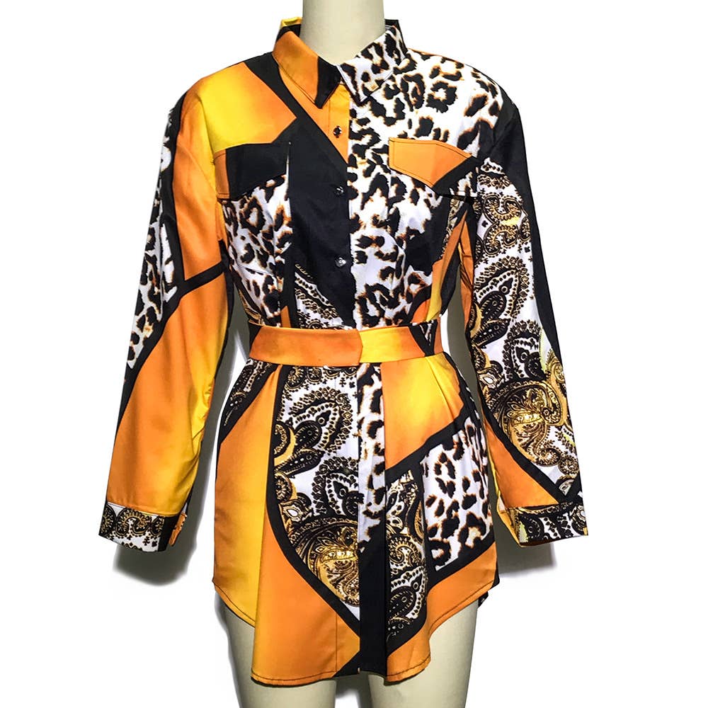 LEOPARD PRINT PATCHWORK STRAP CARDIGAN DRESS