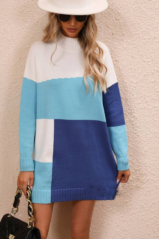 CWDSD6486_COLOR-MATCHING LONG-SLEEVED SWEATER DRESS