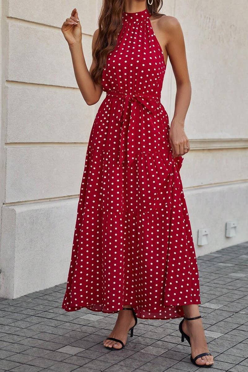 CWDMD5781_POLKA DOT PRINT FLORAL HALTER NECK DRESS