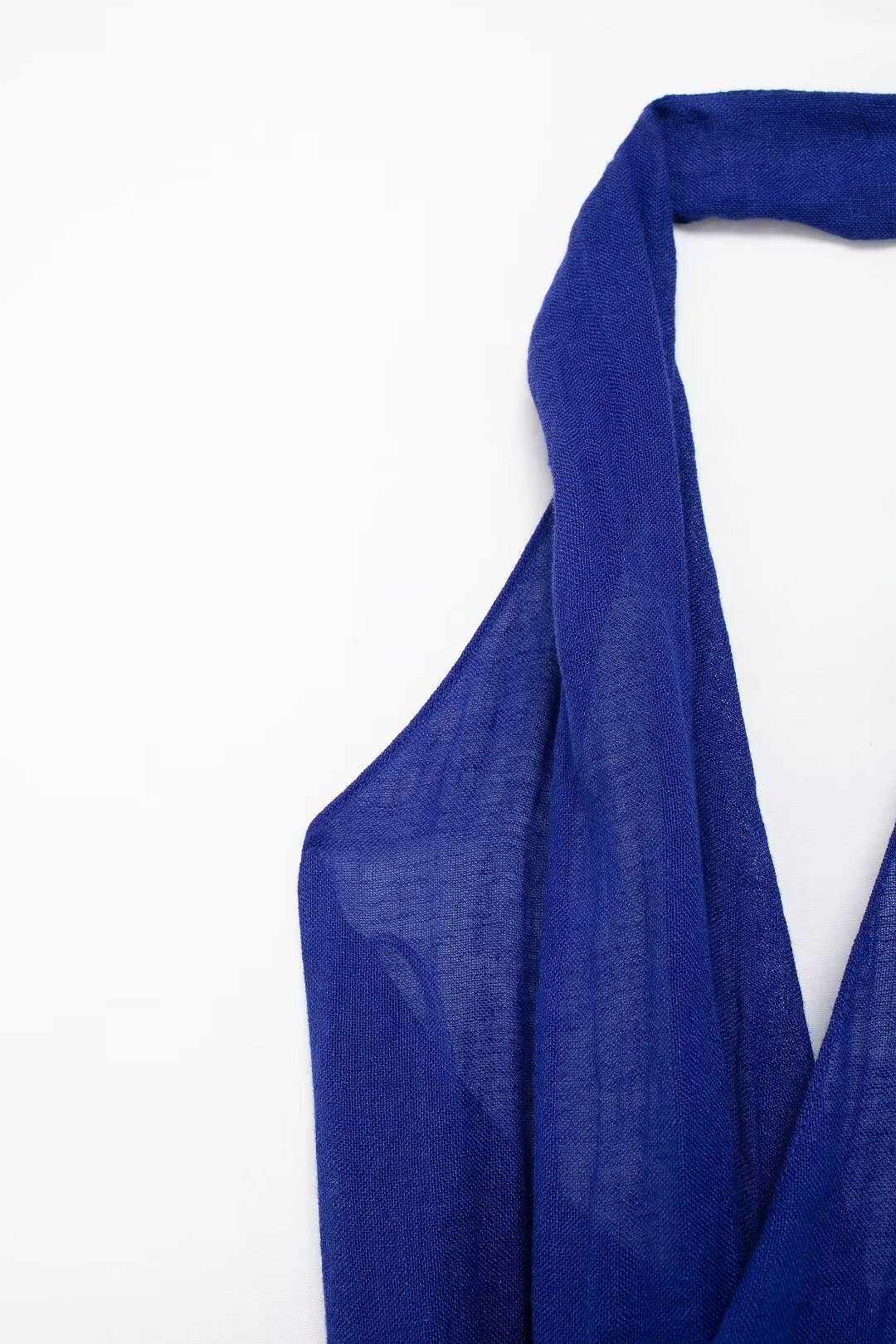 STYLISH LINEN BLEND LONG DRESS WITH NECK AND WAIST