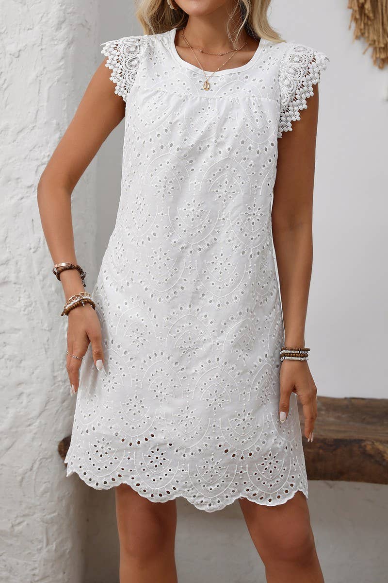 CWDSD8219_SUMMER SHORT-SLEEVED SOLID COLOR HOLLOW DRESS