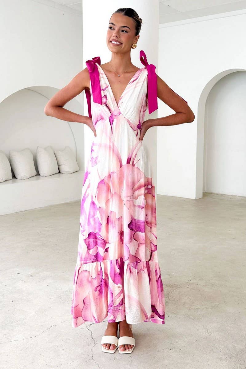 CWDMD5219_TIE-BACK V-NECK SLEEVELESS FLORAL MAXI DRESS