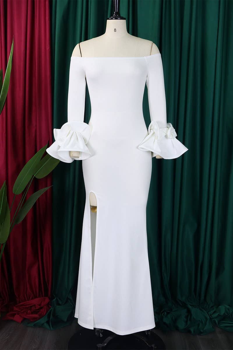 CWDMD1729_ONE SHOULDER SLIT RUFFLE SLEEVE EVENING MAXI DRESS