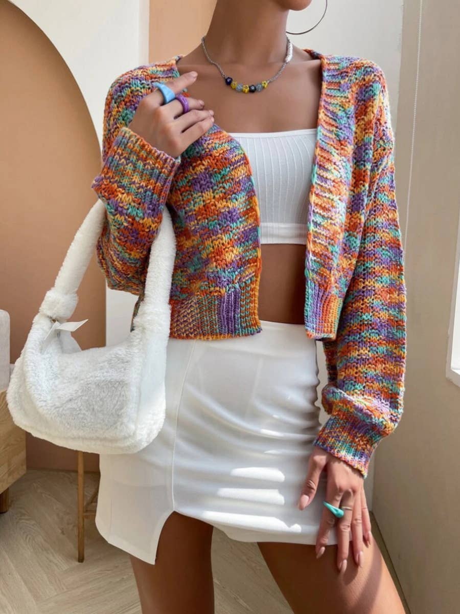 Short rainbow wide open knit cardigan