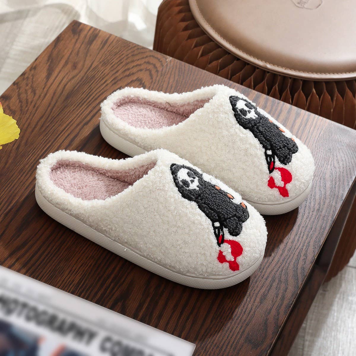 HALLOWEEN SKULL GHOST EMBROIDERY COTTON SLIPPERS