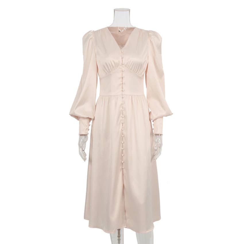 CWDMD4167_VINTAGE SATIN COURT DRESS WITH WAIST AND V-NECK