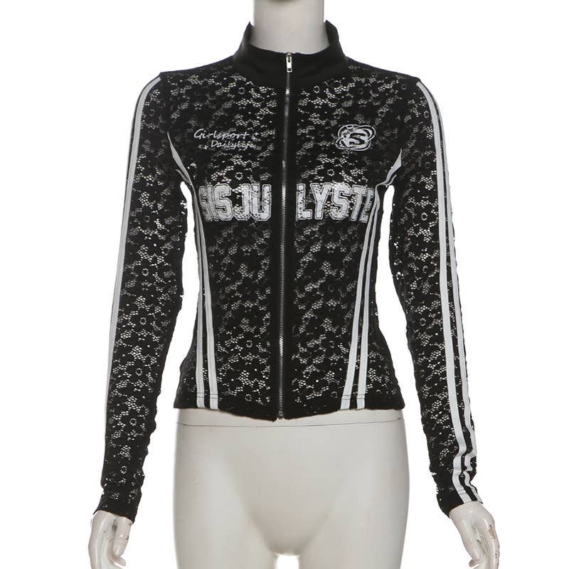 LETTERPRINT CUT-OUT BLAZER STRIPED ZIPPER JACKET