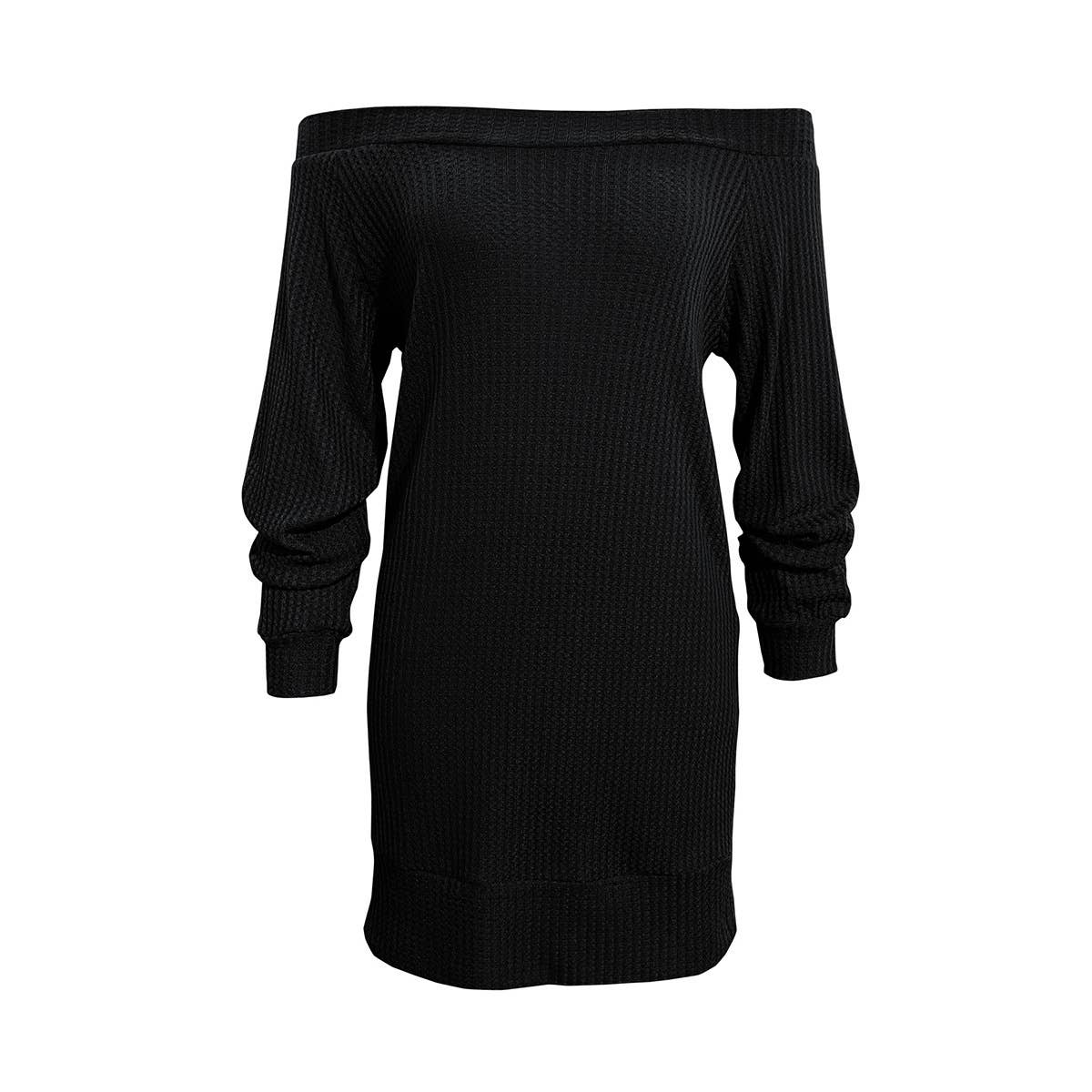 SOLID COLOR LONG-SLEEVED OFF-SHOULDER KNIT DRESS