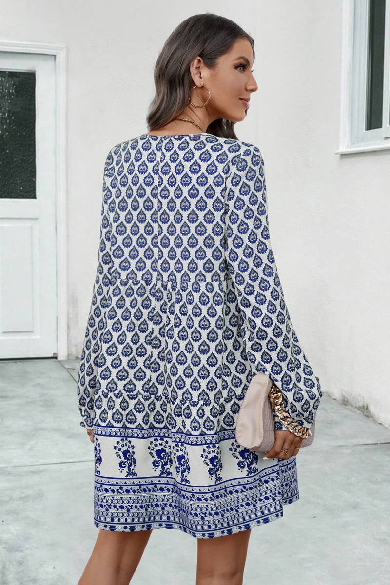 CWDSD4870_PRINTED LONG SLEEVE CREW NECK DRESS