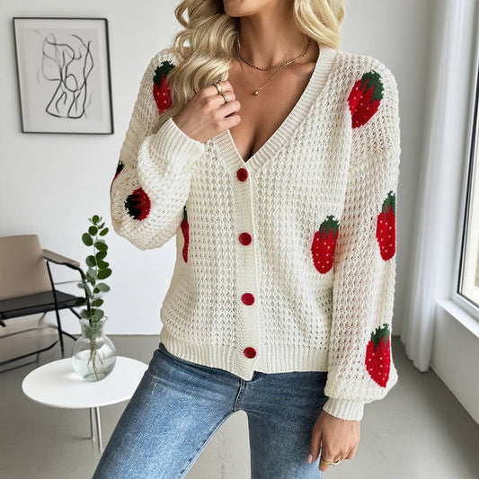 Versatile strawberry jacquard loose cardigan