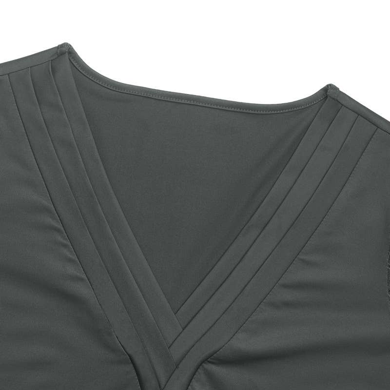 V-NECK PLEATED SOLID COLOR SIMPLE T-SHIRT TOP