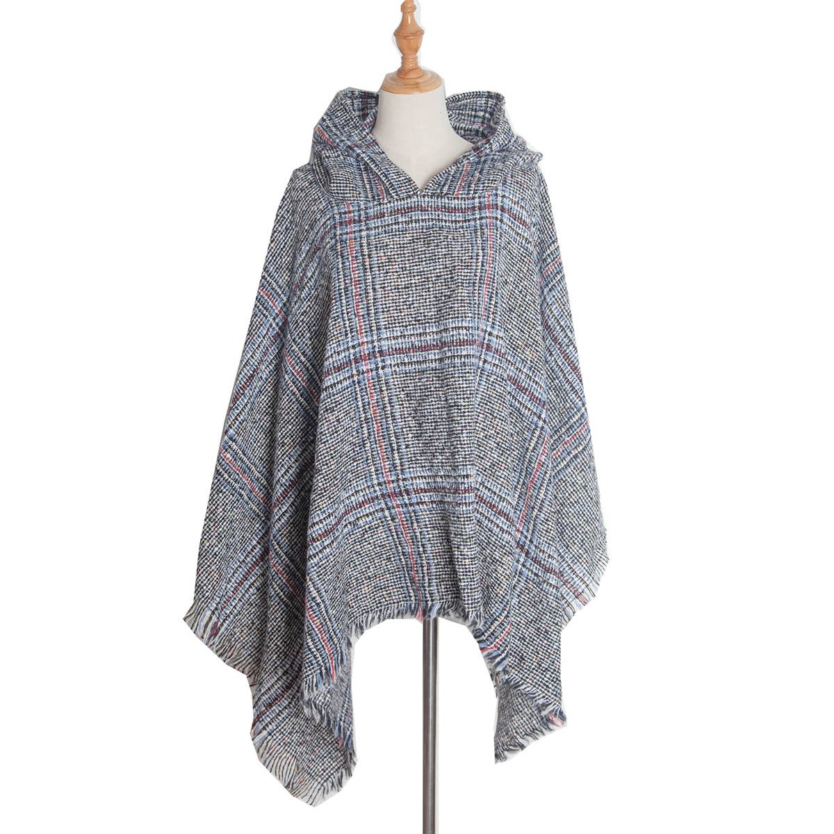 CIRCLE YARN FUR LARGE PLAID HOODED CAPE SHAWL