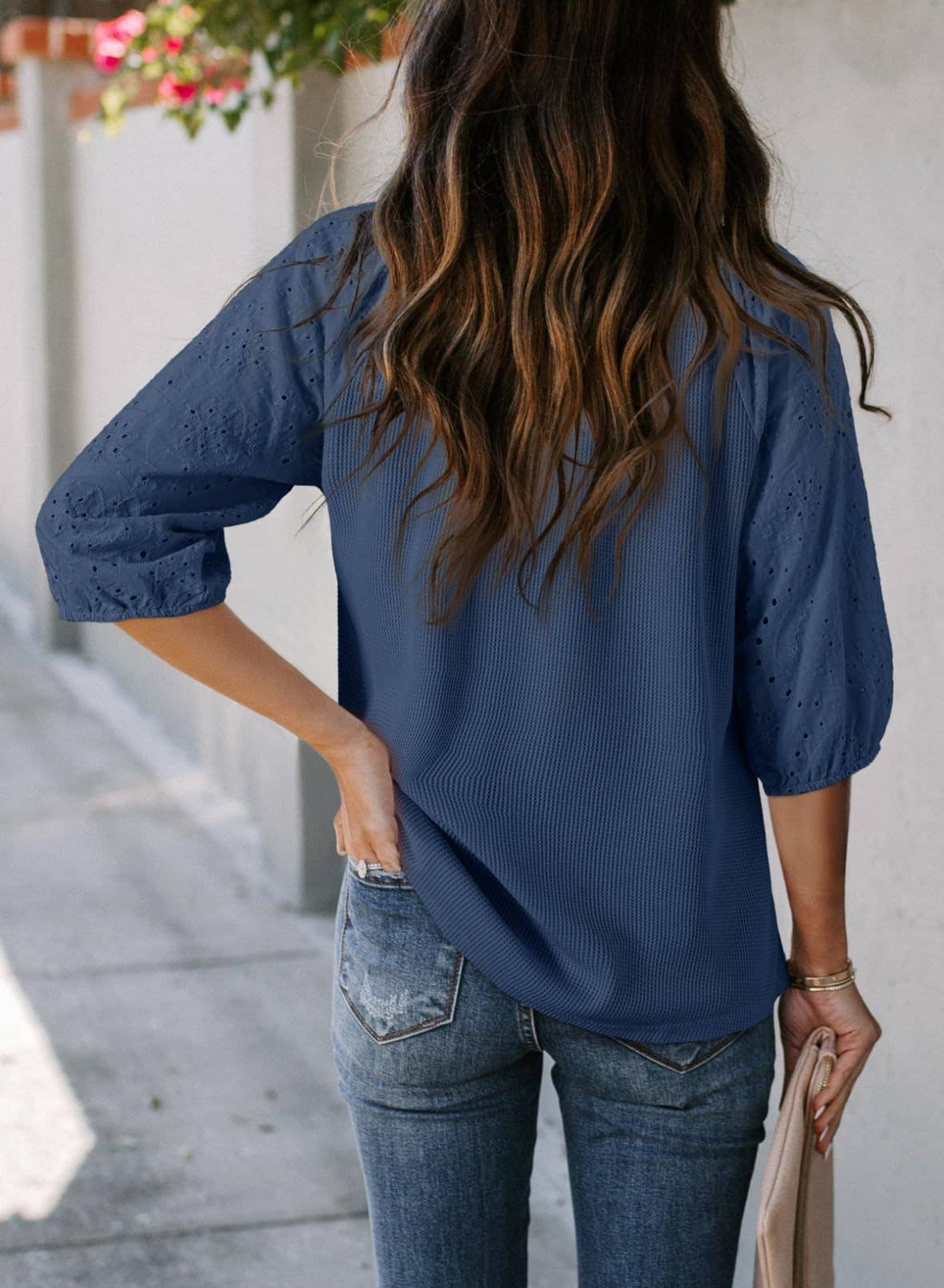 Women¡¯s jacquard waffle V-neck puff sleeve top