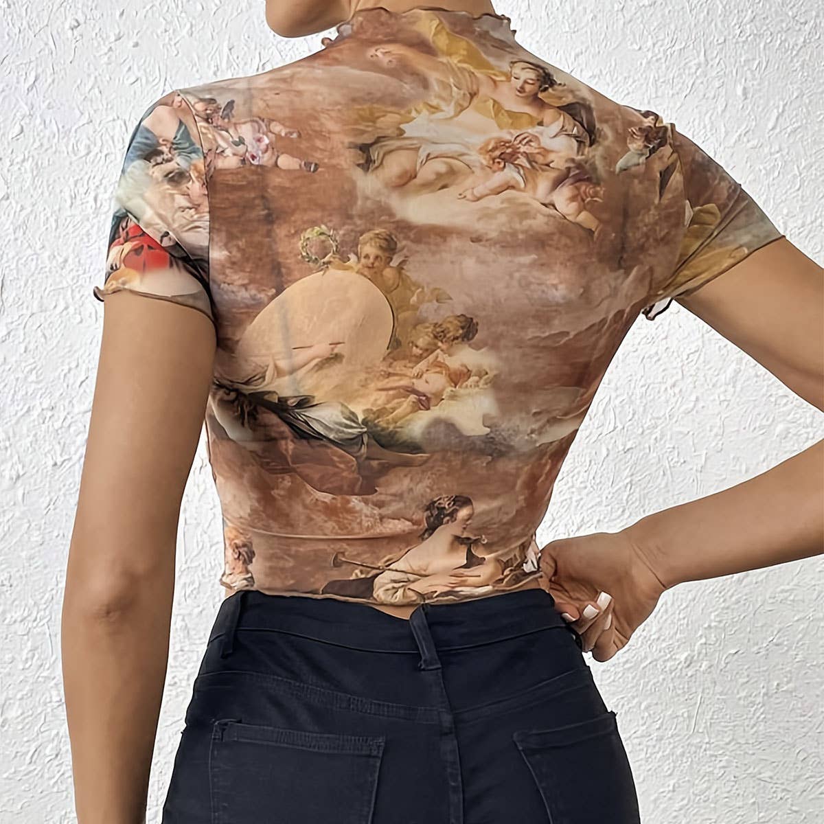 FLORAL PRINT MESH TOP WITH RUFFLE DETAILING