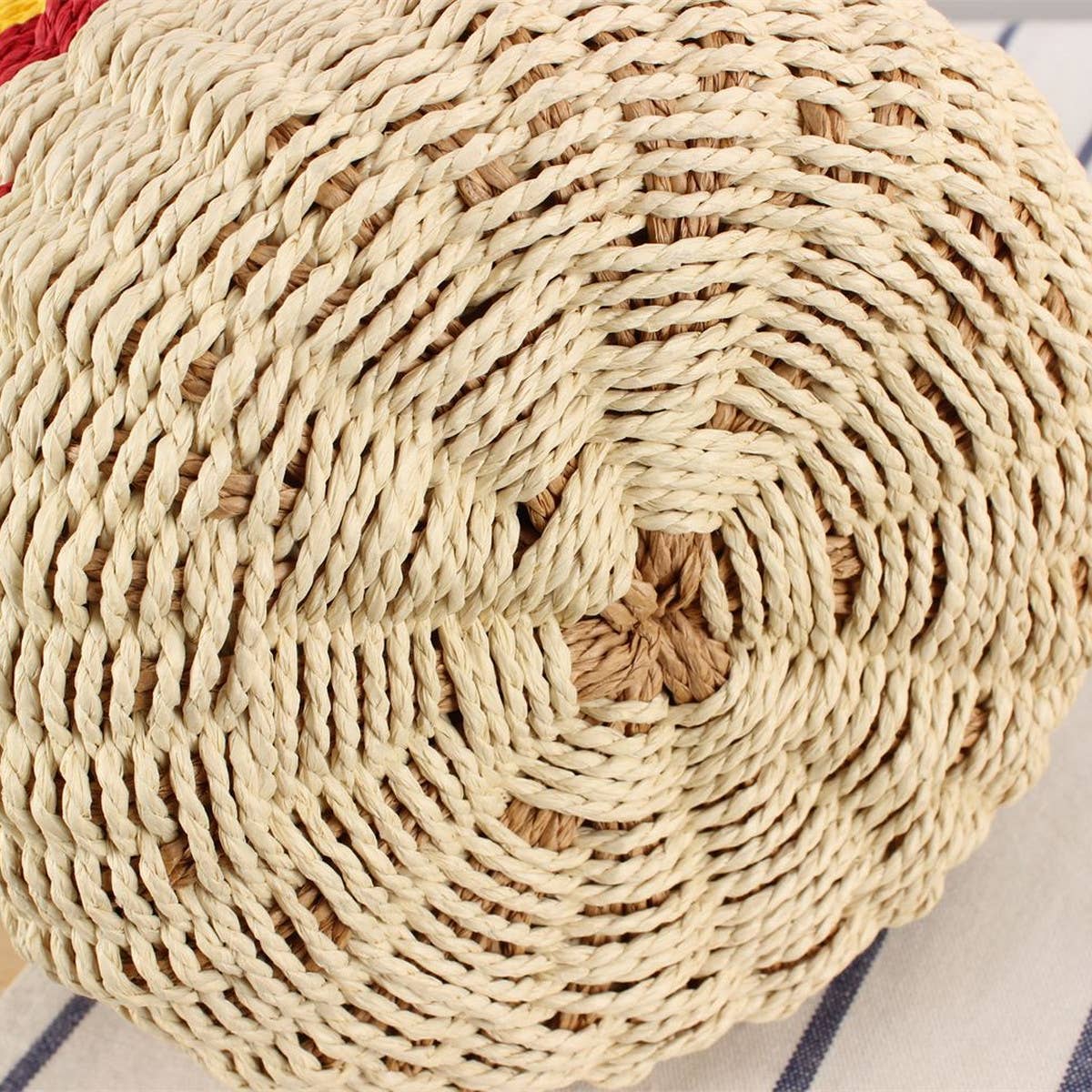 TWO-TONE BEADED PLAID STRAW BUCKET BAG_CWAB2110