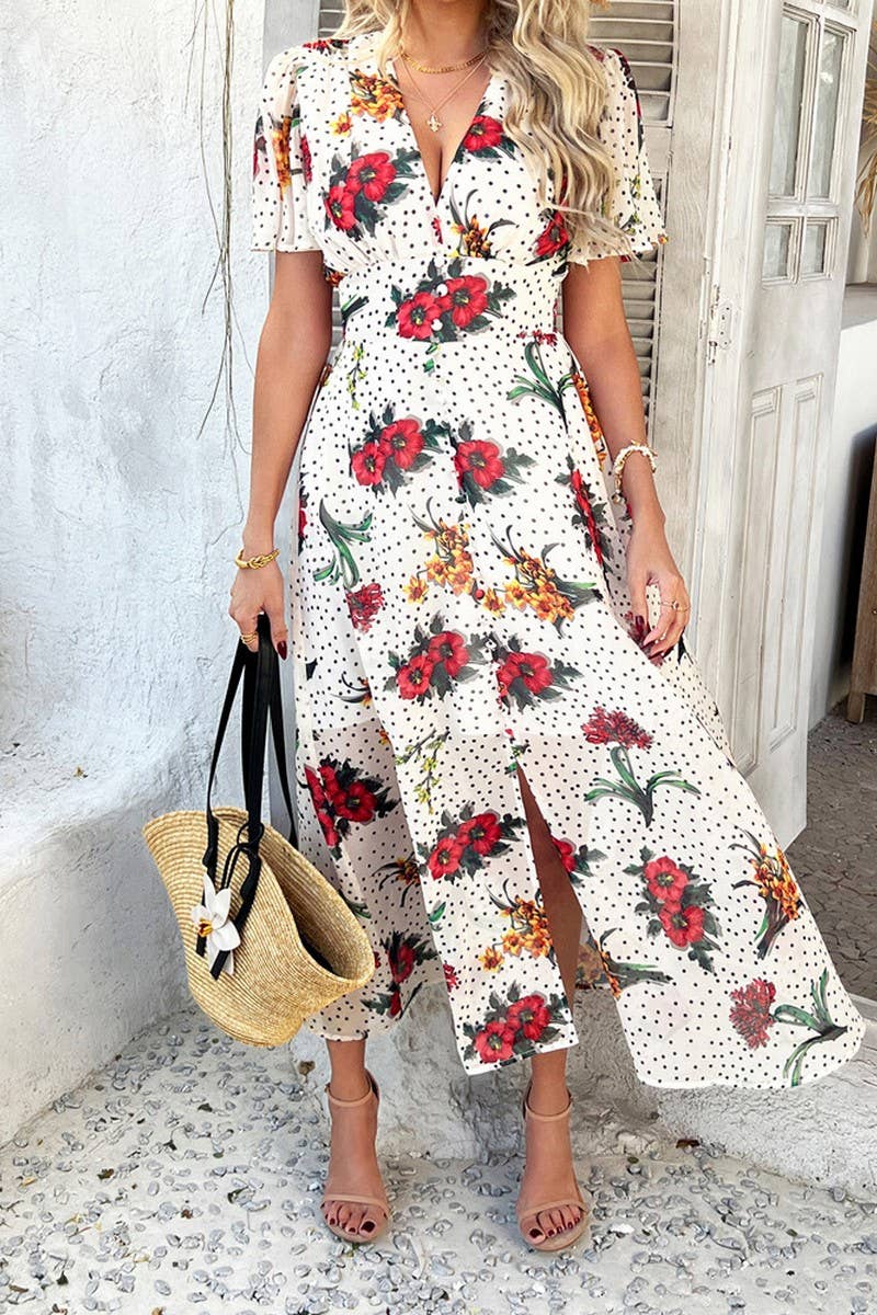 CWDMD5354_SUMMER SEXY DEEP V PRINTED SHORT SLEEVE DRESS